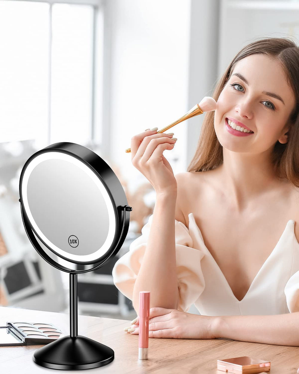 Gospire 8-inch mirror angled view showing 360° rotation for versatile angles.