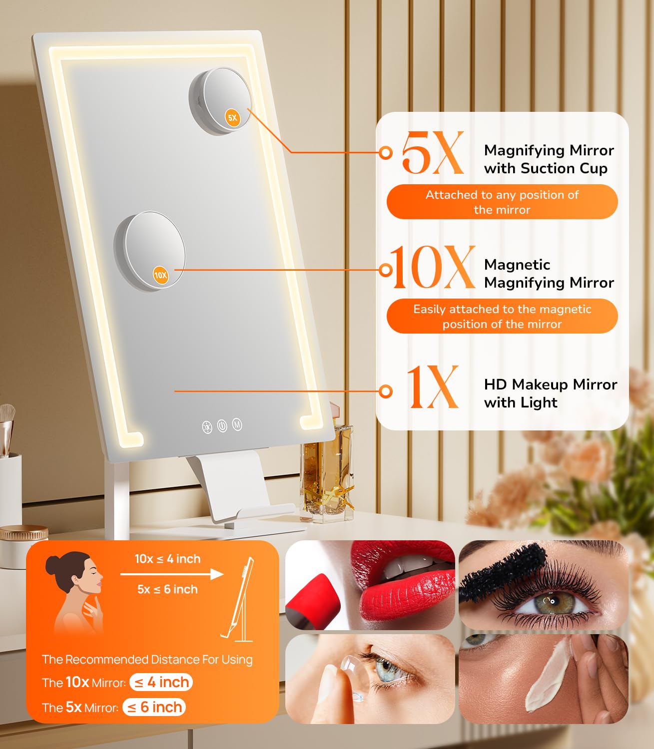 Gospire Hollywood makeup mirror includes 10x magnetic magnifier for eyebrow and lash precision.