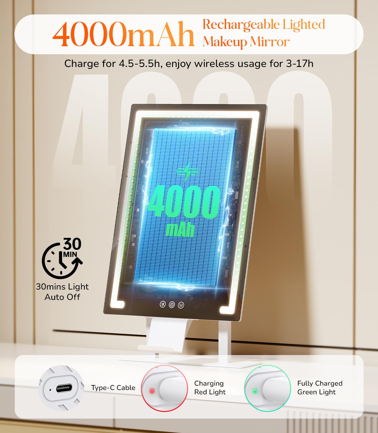 Gospire Hollywood mirror with 4000mAh battery provides long cordless illumination.