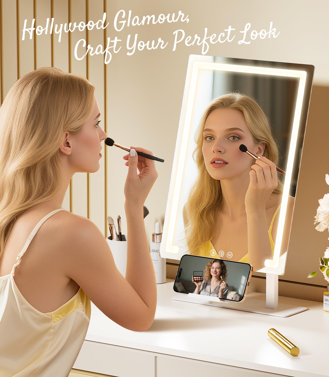 Gospire smart-touch vanity mirror remembers last brightness and mode for a personalized routine.
