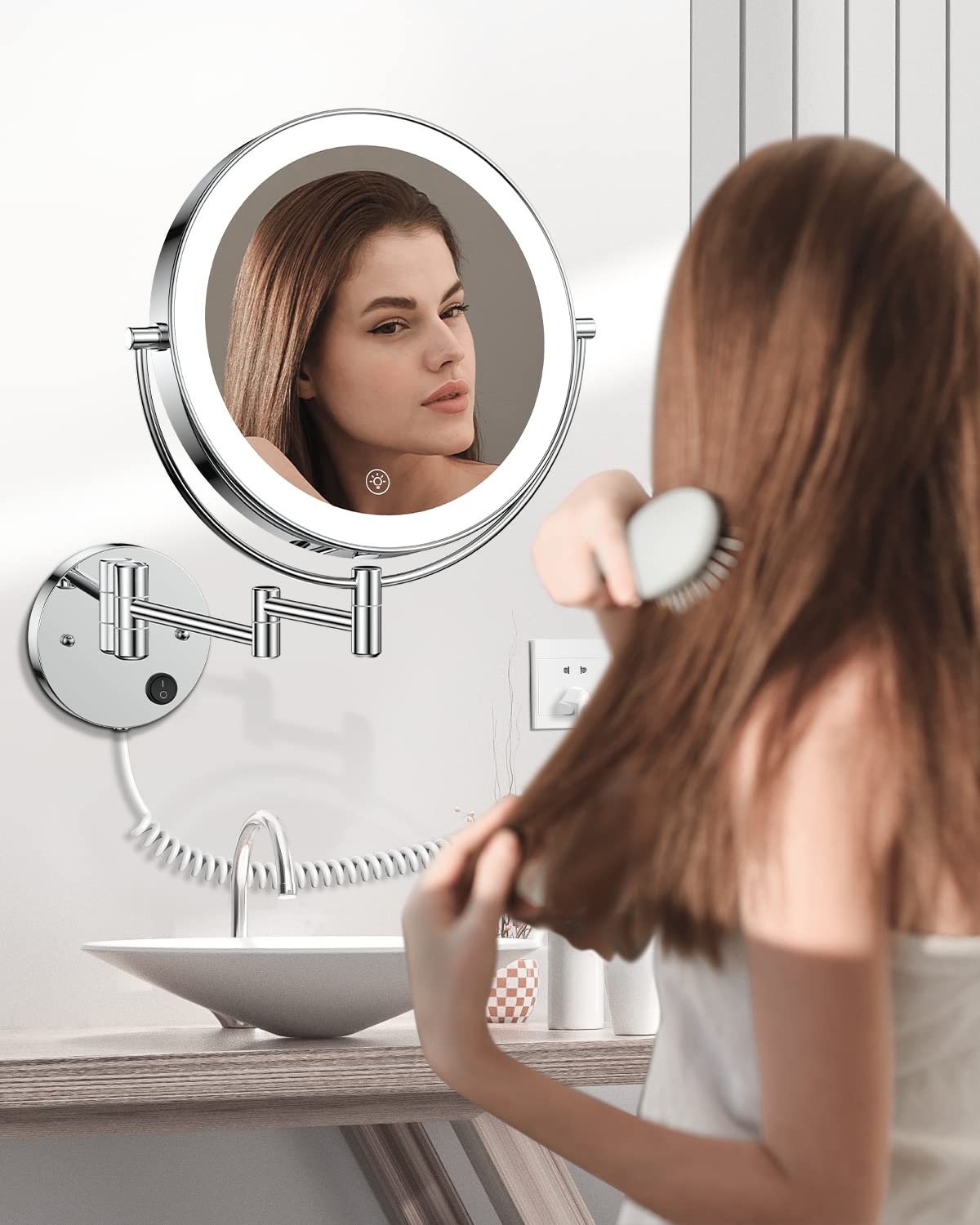 Gospire LED makeup mirror close-up showing 1x and 10x magnification details for eyeliner precision.