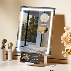 Gospire lighted makeup mirror shows full-face view for efficient makeup application.