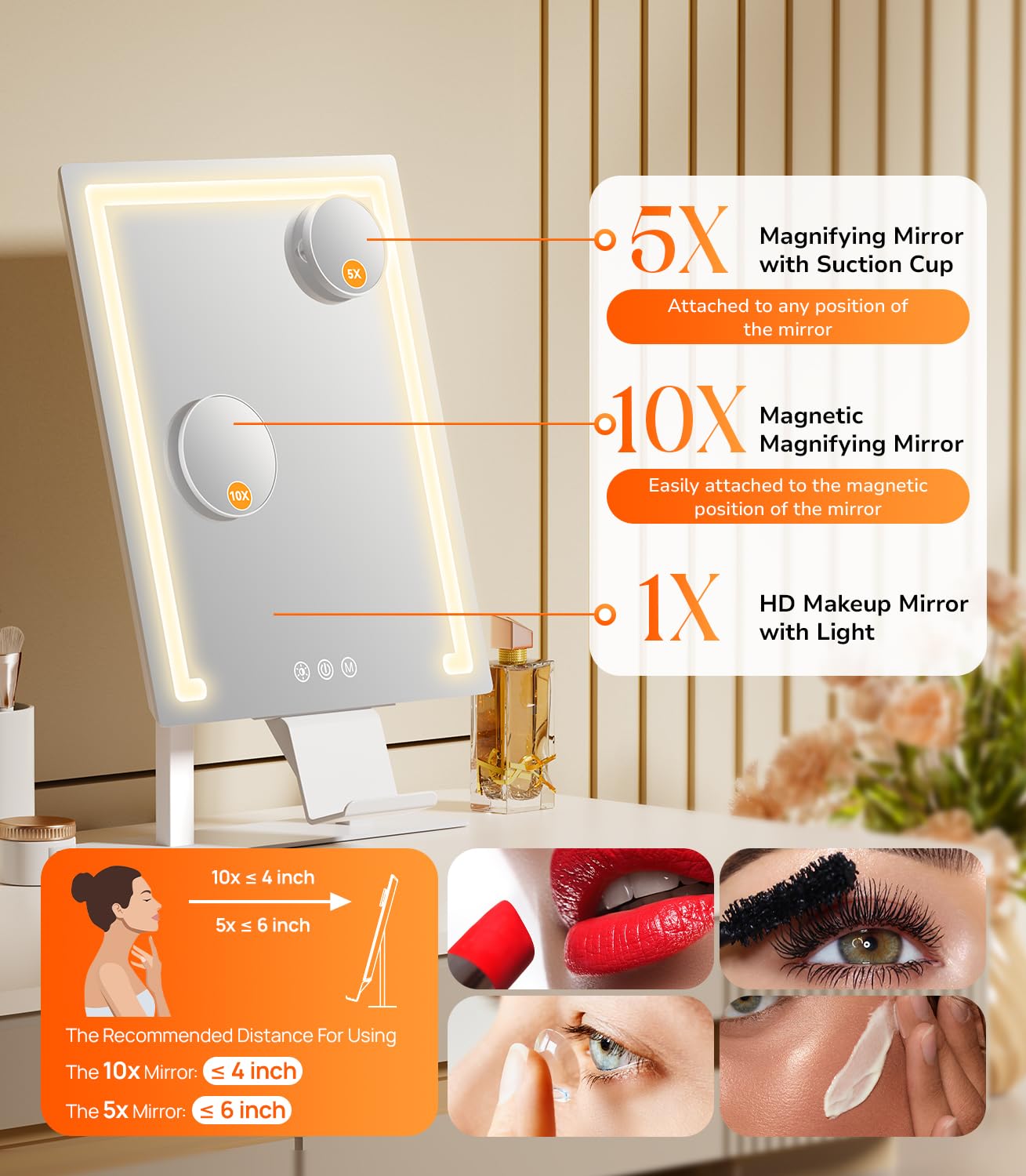 Gospire rechargeable mirror runs on a 4000mAh battery for cordless use.