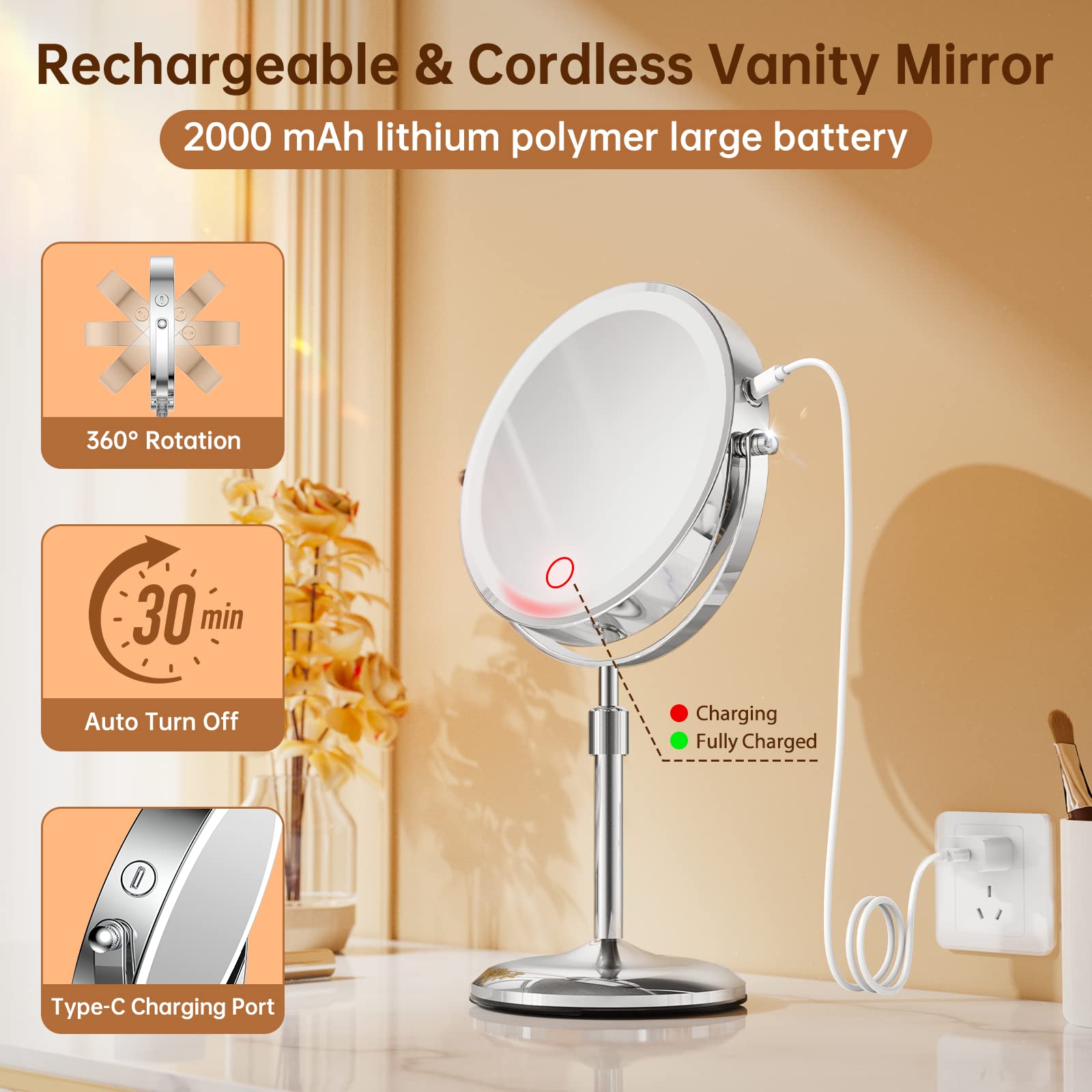 Gospire rechargeable battery with USB charging for cordless vanity use
