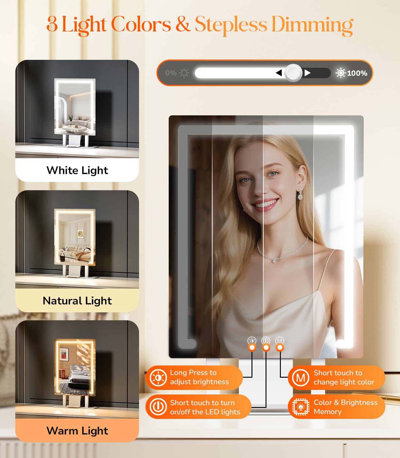 Gospire three-color dimmable LEDs adapt to dim or bright makeup tasks.