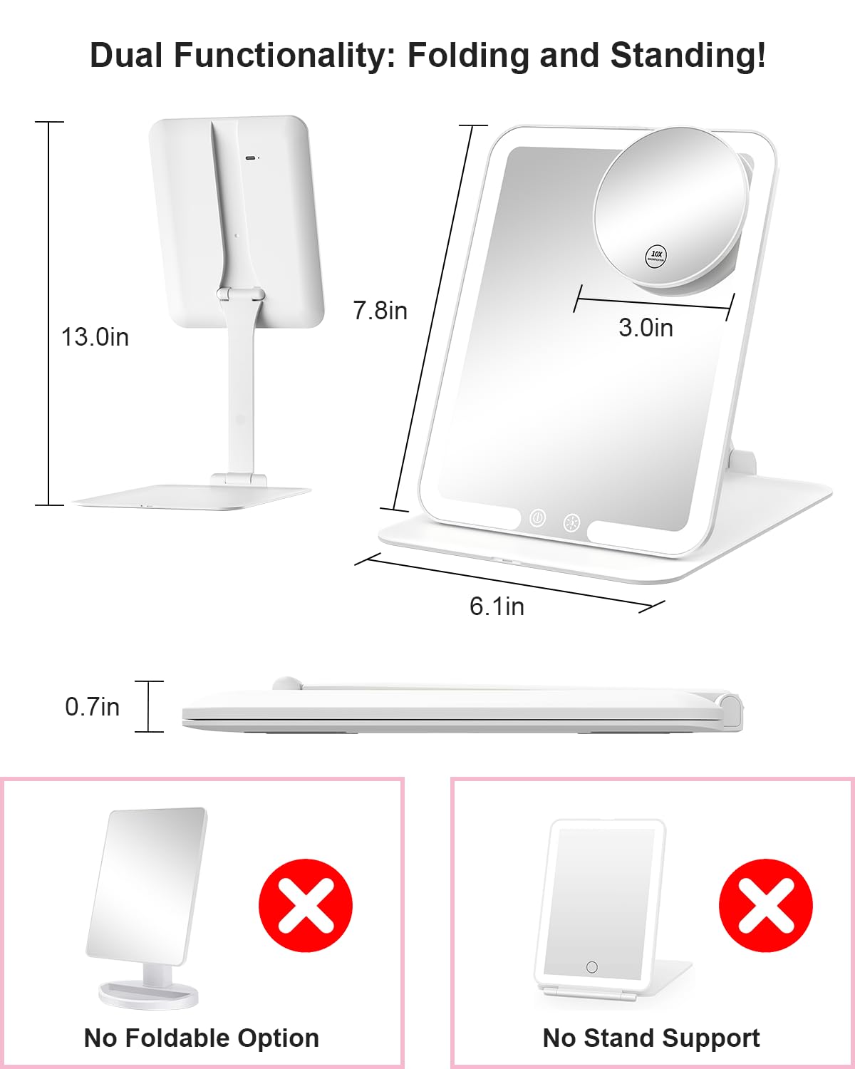 Gospire Travel Makeup Mirror 180-degree stand for precise angle adjustments
