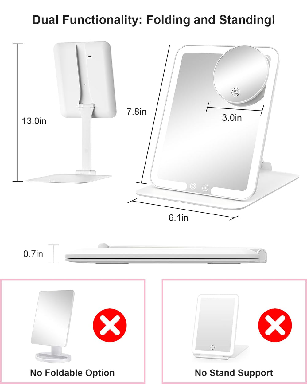 Gospire Travel Makeup Mirror 180-degree stand for precise angle adjustments