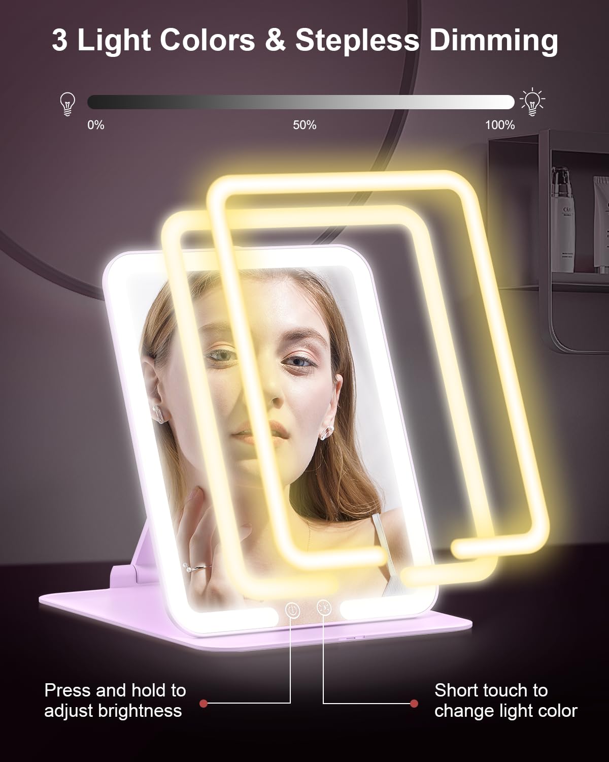 Gospire travel makeup mirror 58 LEDs with dimming for customizable brightness.