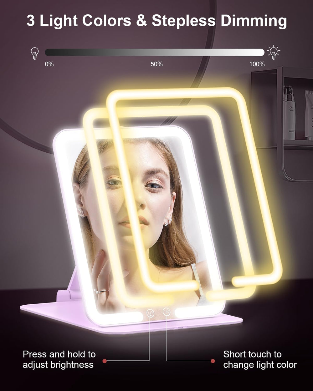 Gospire travel makeup mirror 58 LEDs with dimming for customizable brightness.