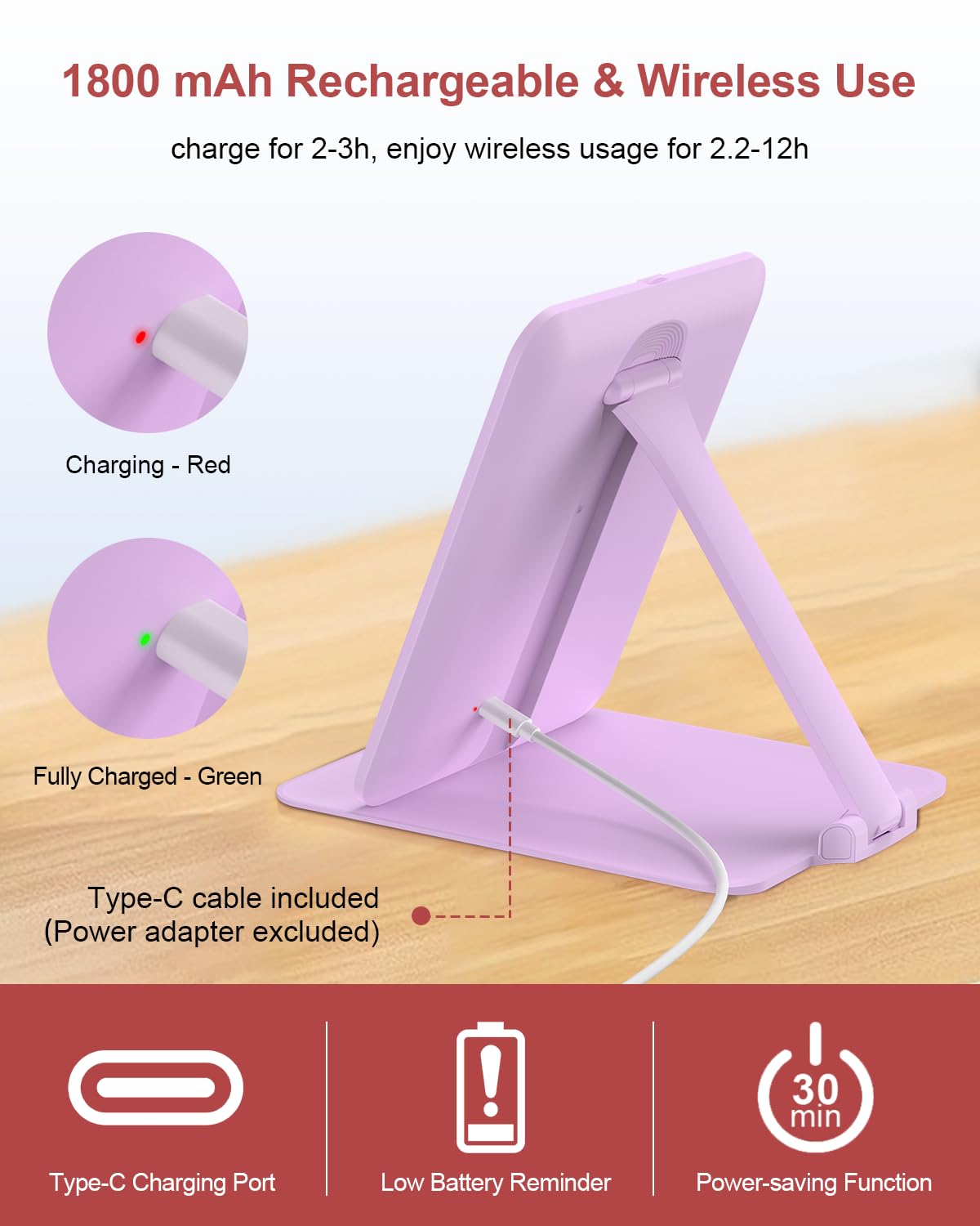 Gospire travel makeup mirror rechargeable Type-C battery enables cordless use.