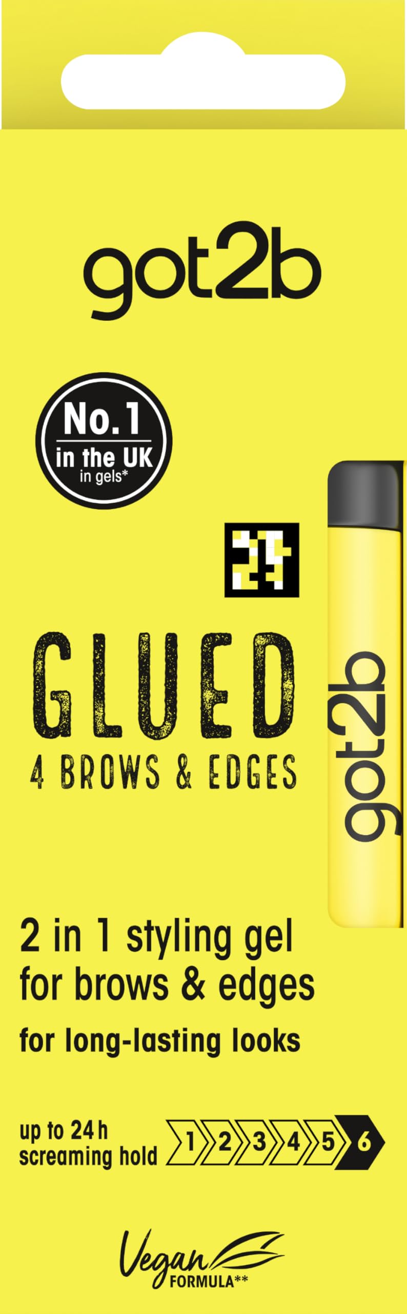 Got2b Glued for Brows & Edges wand with two-sided brush for precise, long-lasting holds.