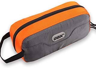 GOX small travel toiletry bag in grey-orange, ideal for organized gym and travel setups.
