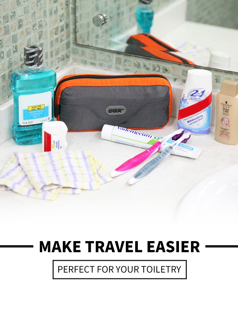 GOX travel toiletry bag hanging hook enables easy access in bathrooms.
