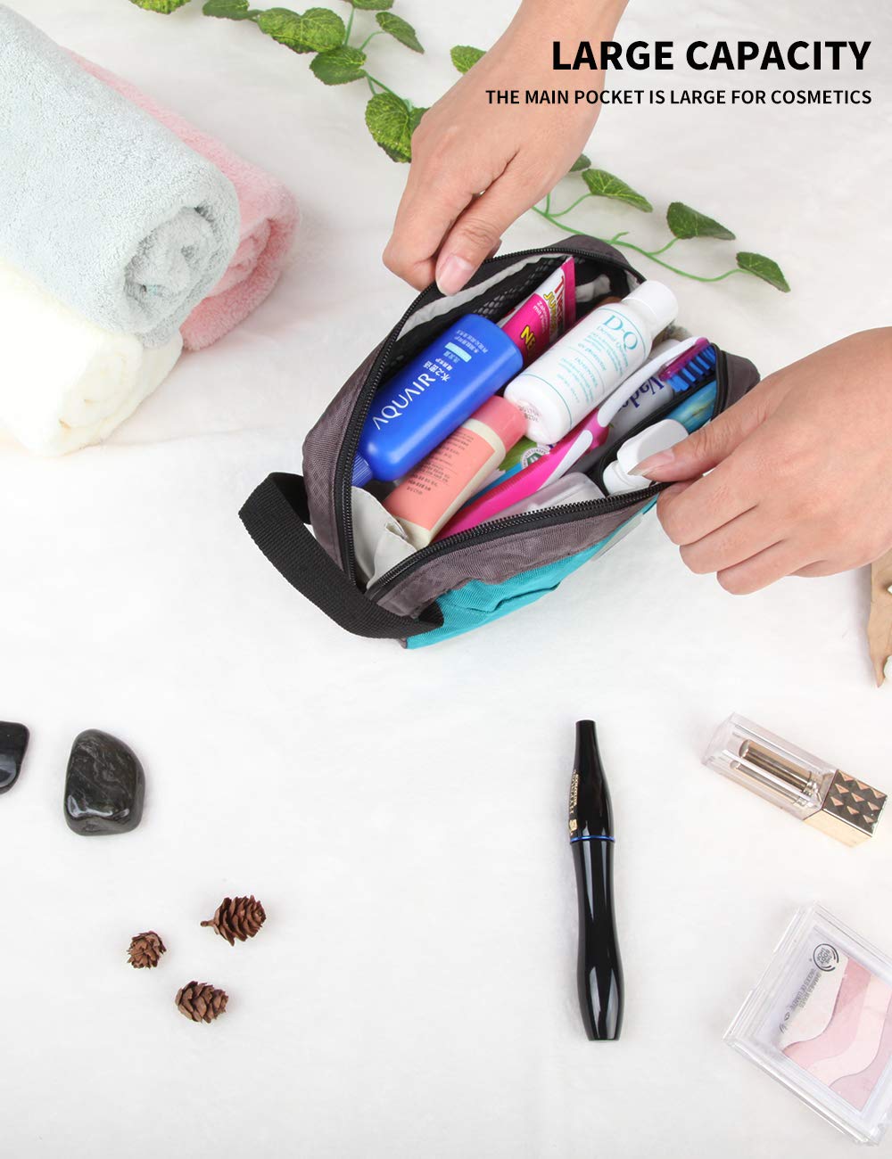 GOX travel toiletry bag side pockets organize items for easy access.