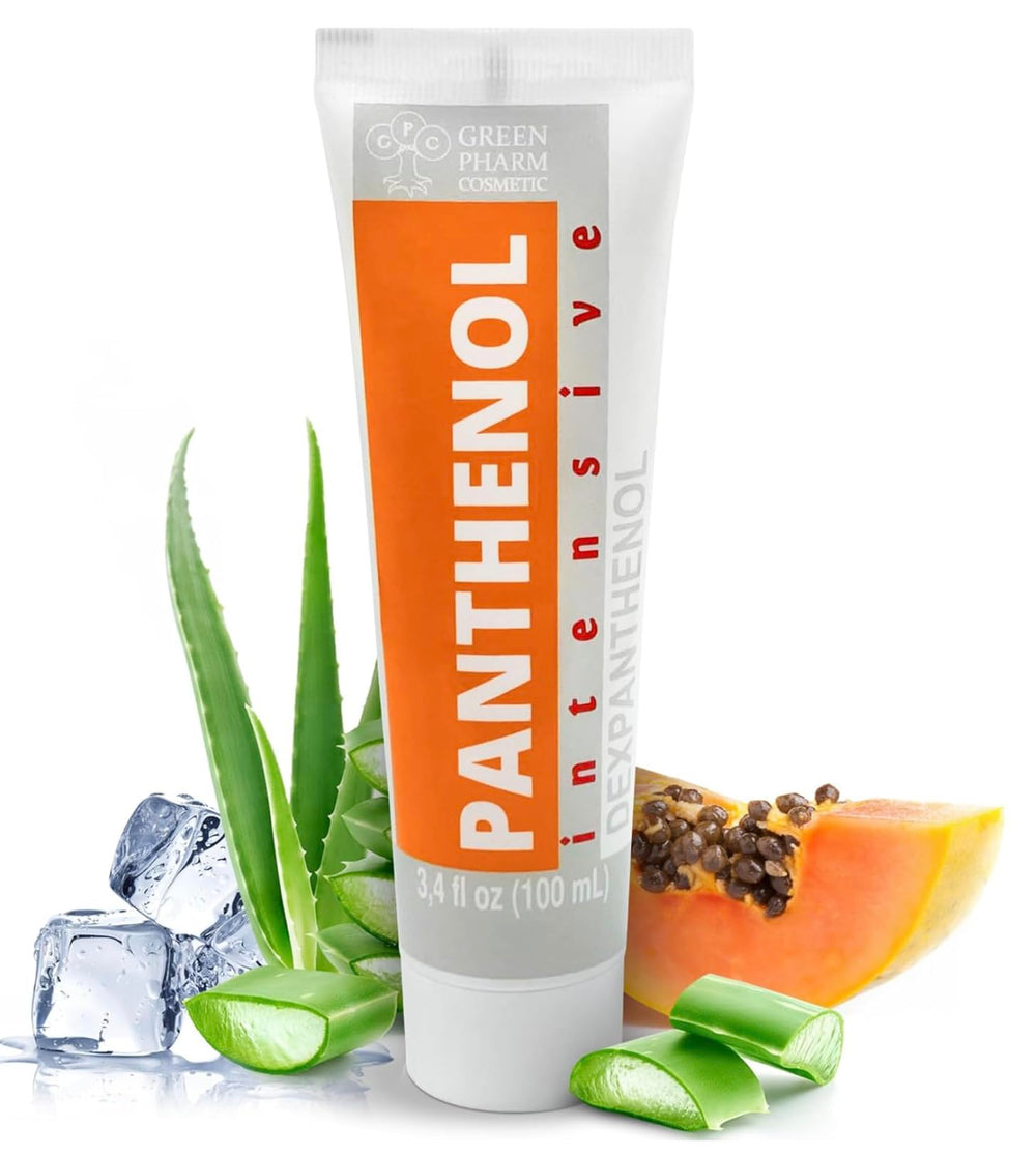 GPC Green Pharm Cosmetic 9% Panthenol Cream packaging highlights premium hydration for all skin types.