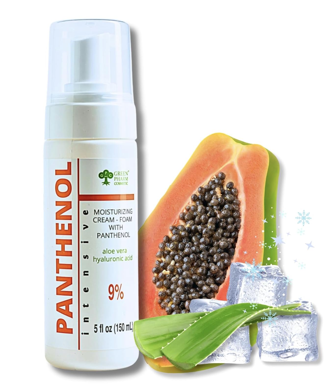 GPC Green Pharm Cosmetic panthenol foam spray bottle delivers soothing hydration for irritated skin.