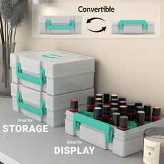 GPG2 shelf-display lid feature shown on teal organizer aiding oil presentation.