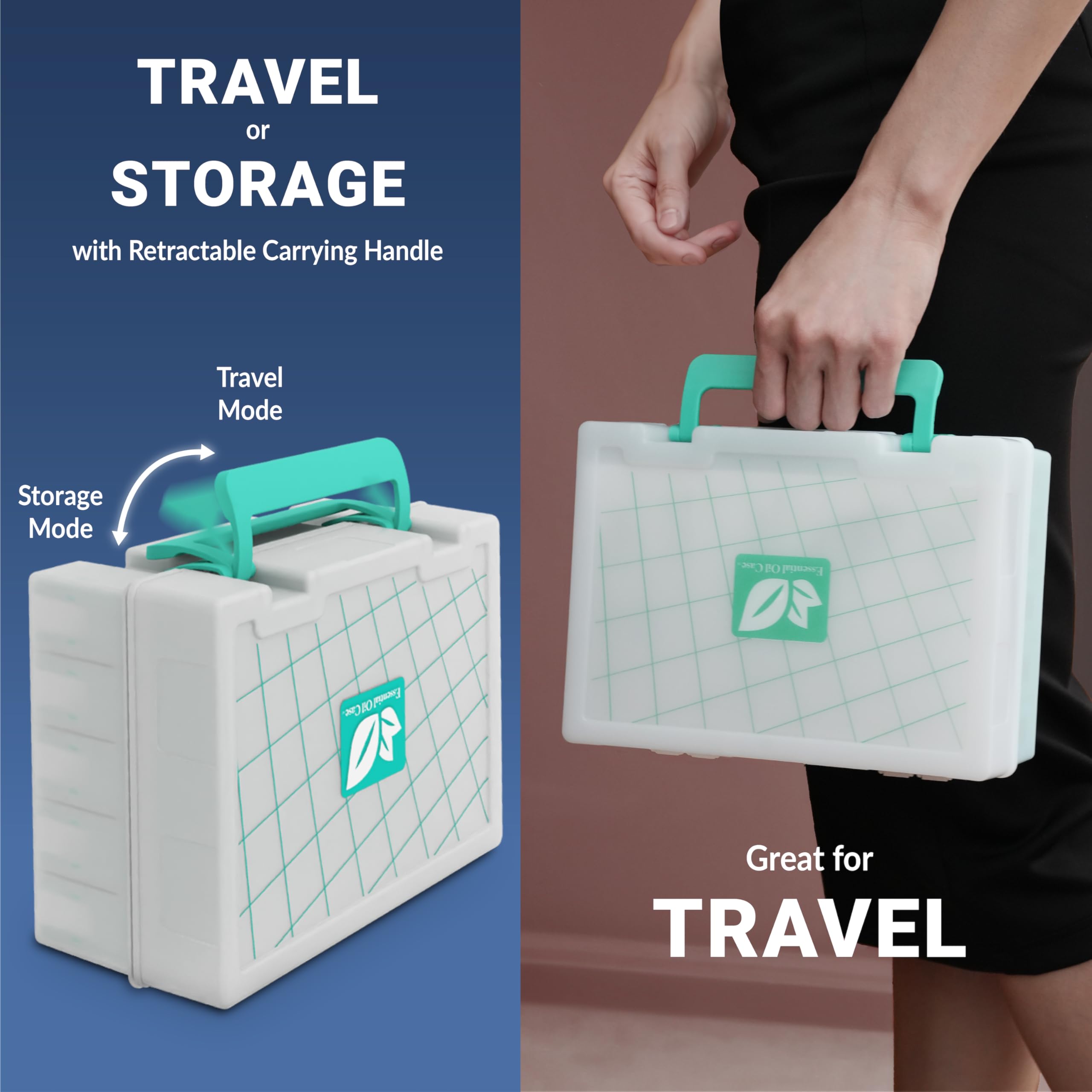 GPG2 teal travel-handle case enables on-the-go essential oil transport.