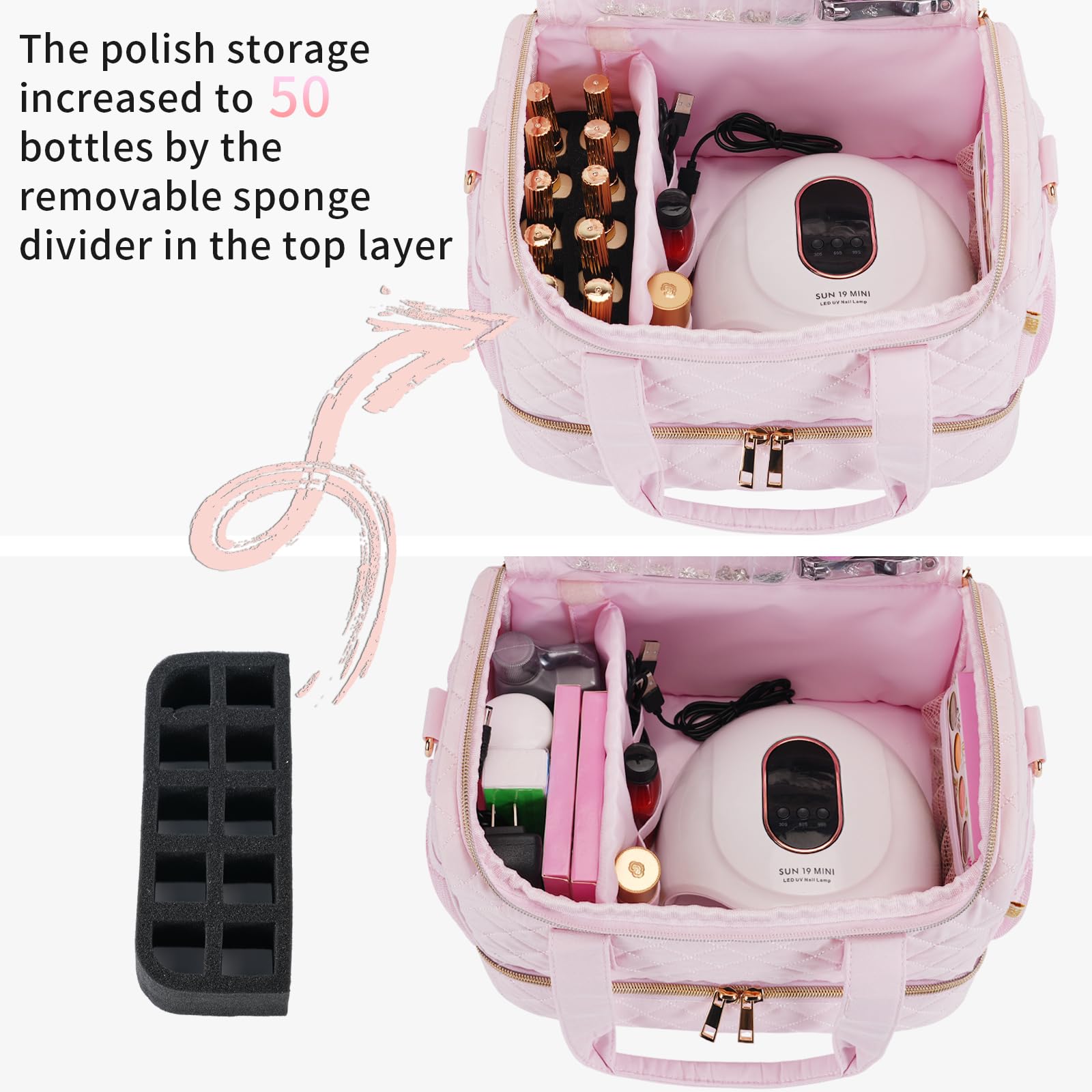 GR69N Nail Polish Organizer Case side pockets help store remover safely and leak-free.