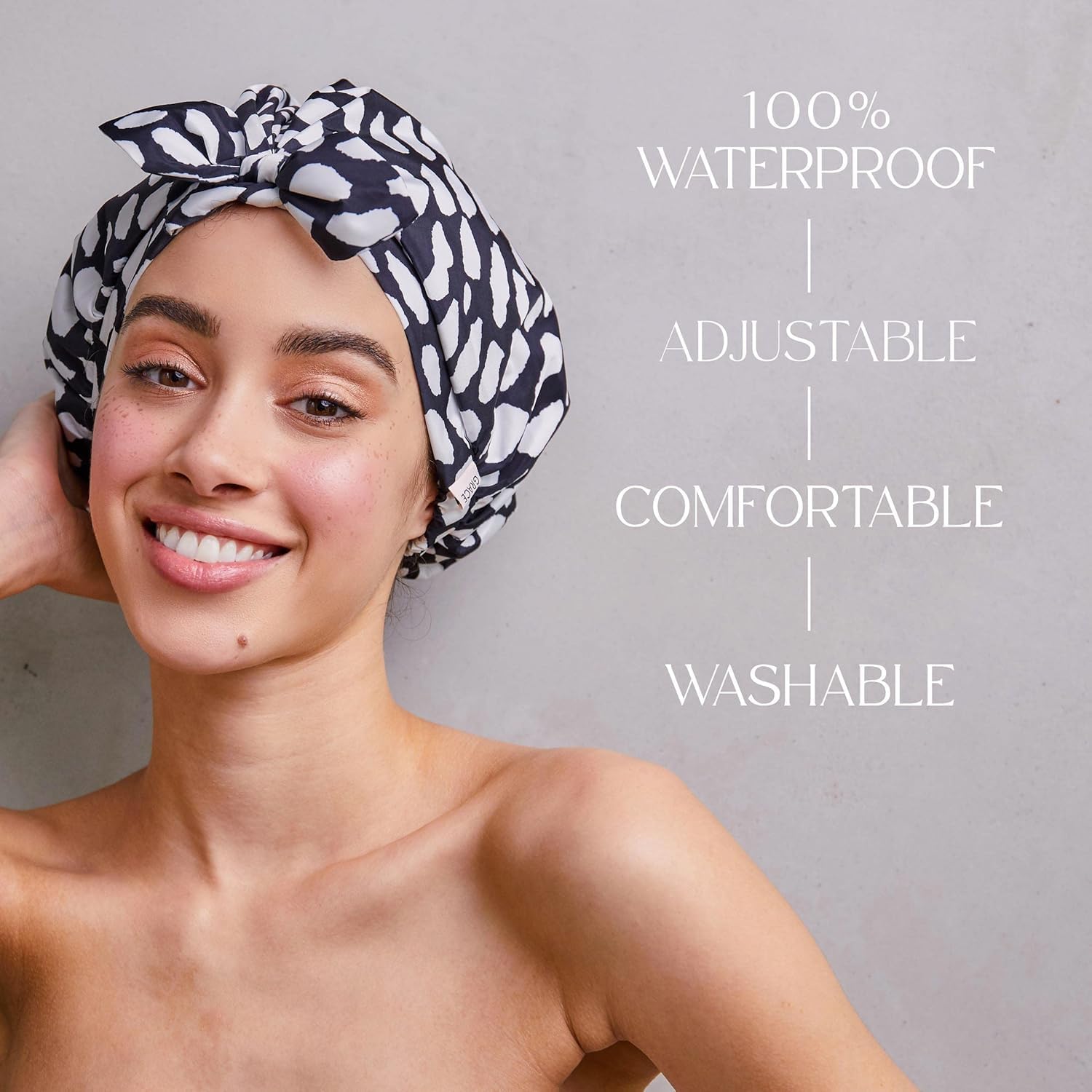 Grace & Company Casablanca shower cap breathable latex-free fabric for durability.