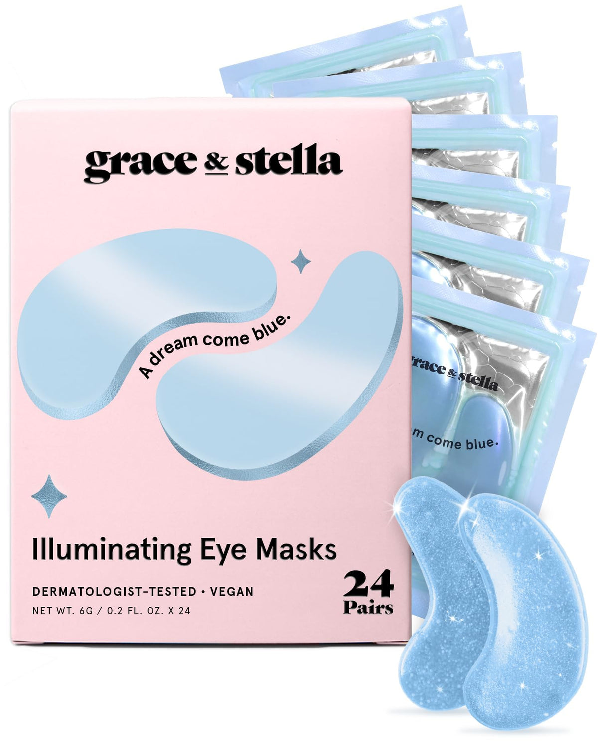 Grace & Stella award-winning under eye mask blue packaging for refreshed skin