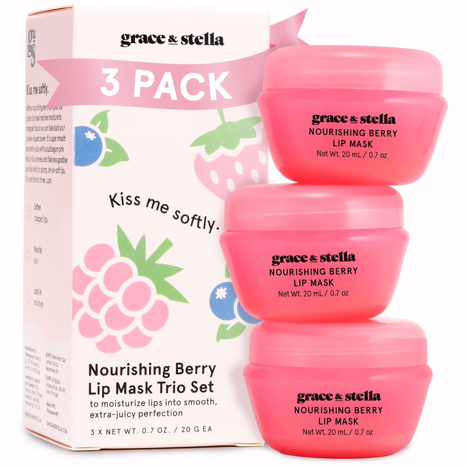 Grace & Stella berry lip balm pack demonstrates berry hydration for daily lip care.