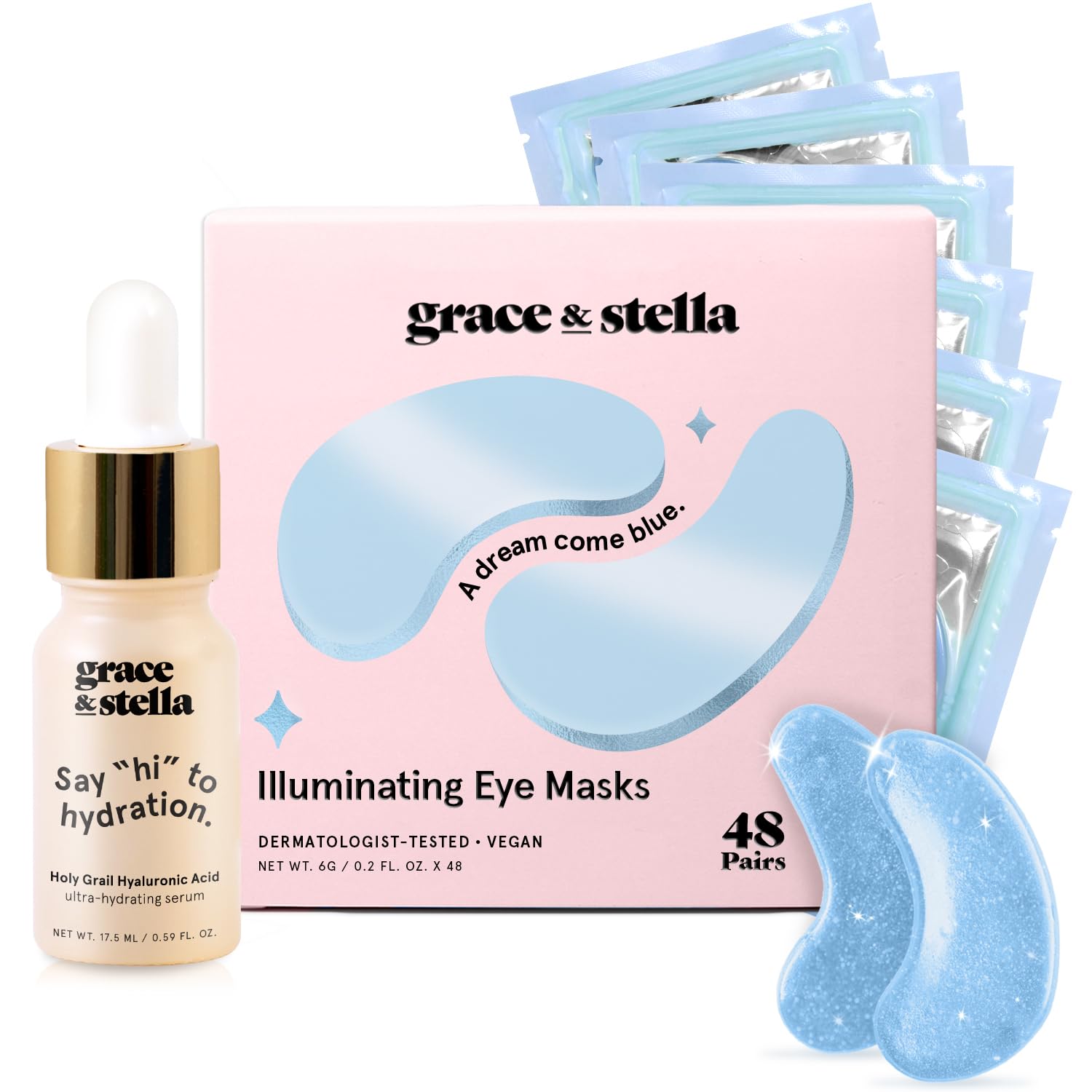 Grace & Stella blue eye mask patch closeup for refreshed under-eye skin.