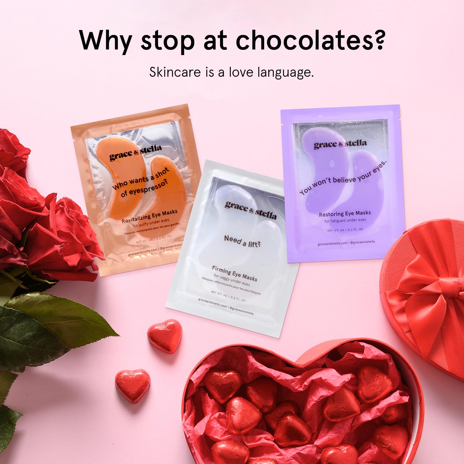 Grace & Stella caffeine under-eye patches highlight niacinamide and hyaluronic acid ingredients.