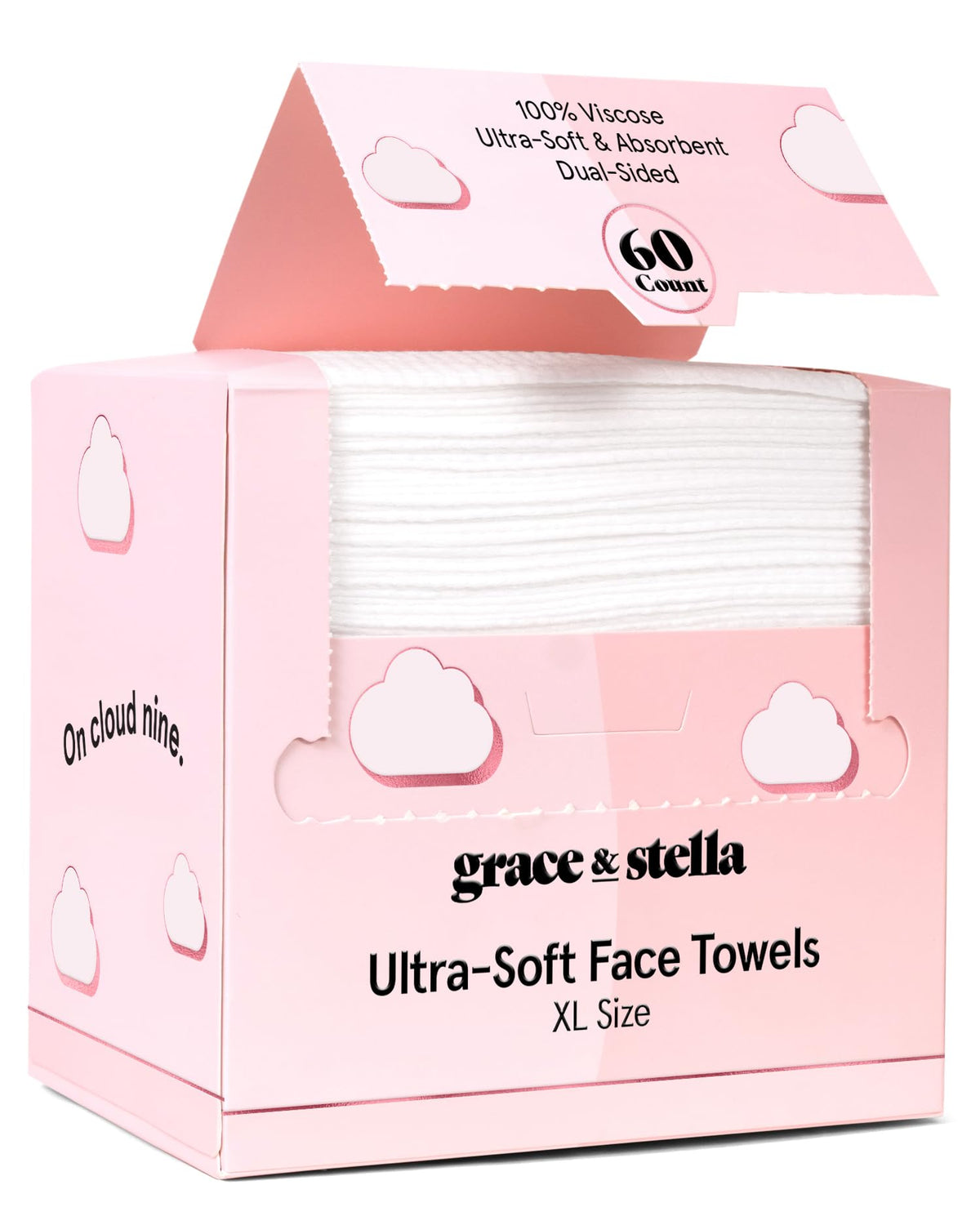 Grace & Stella disposable face towels packaging highlights travel-ready pink packaging for on-the-go cleansing.