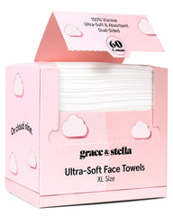 Grace & Stella disposable face towels packaging highlights travel-ready pink packaging for on-the-go cleansing.