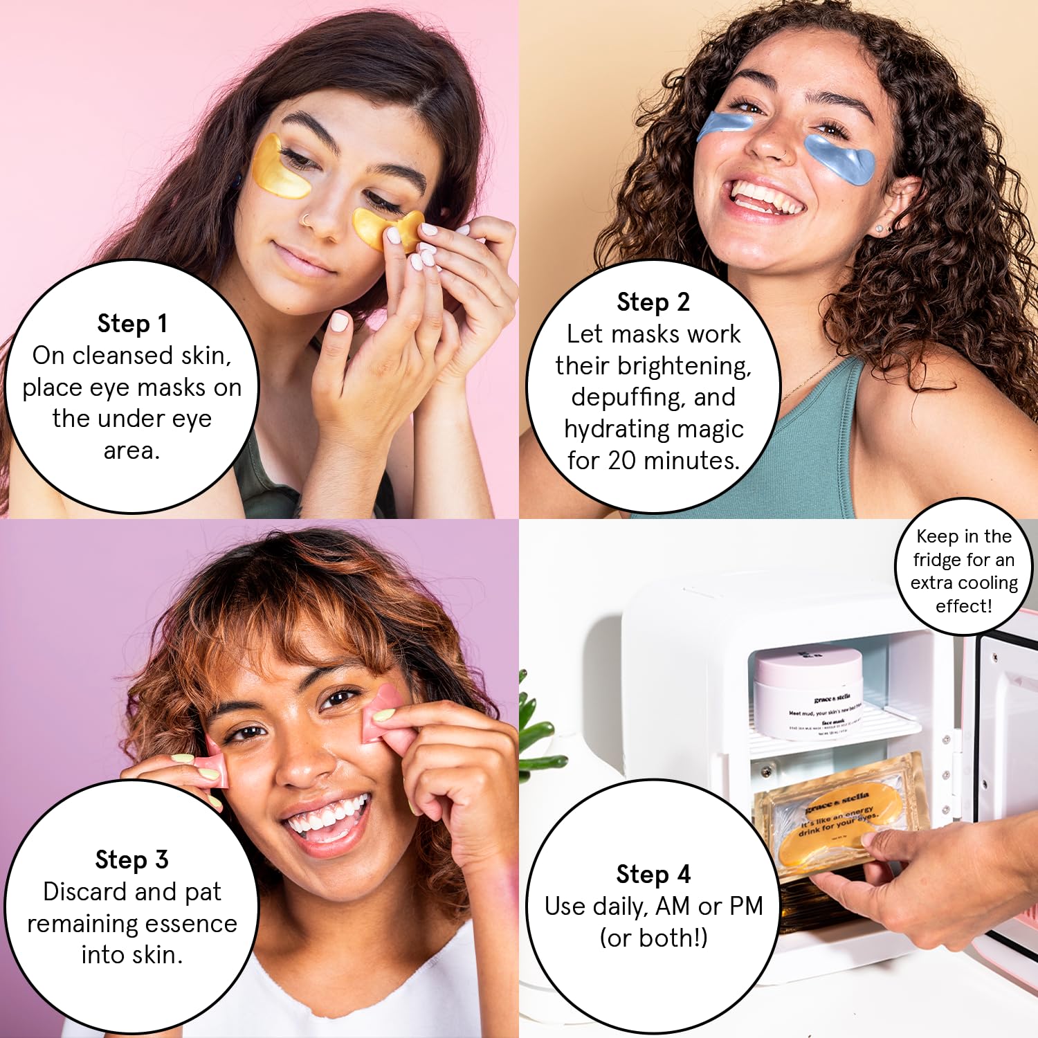 Grace & Stella eye patches applying action demonstrates soothing, cooling application.