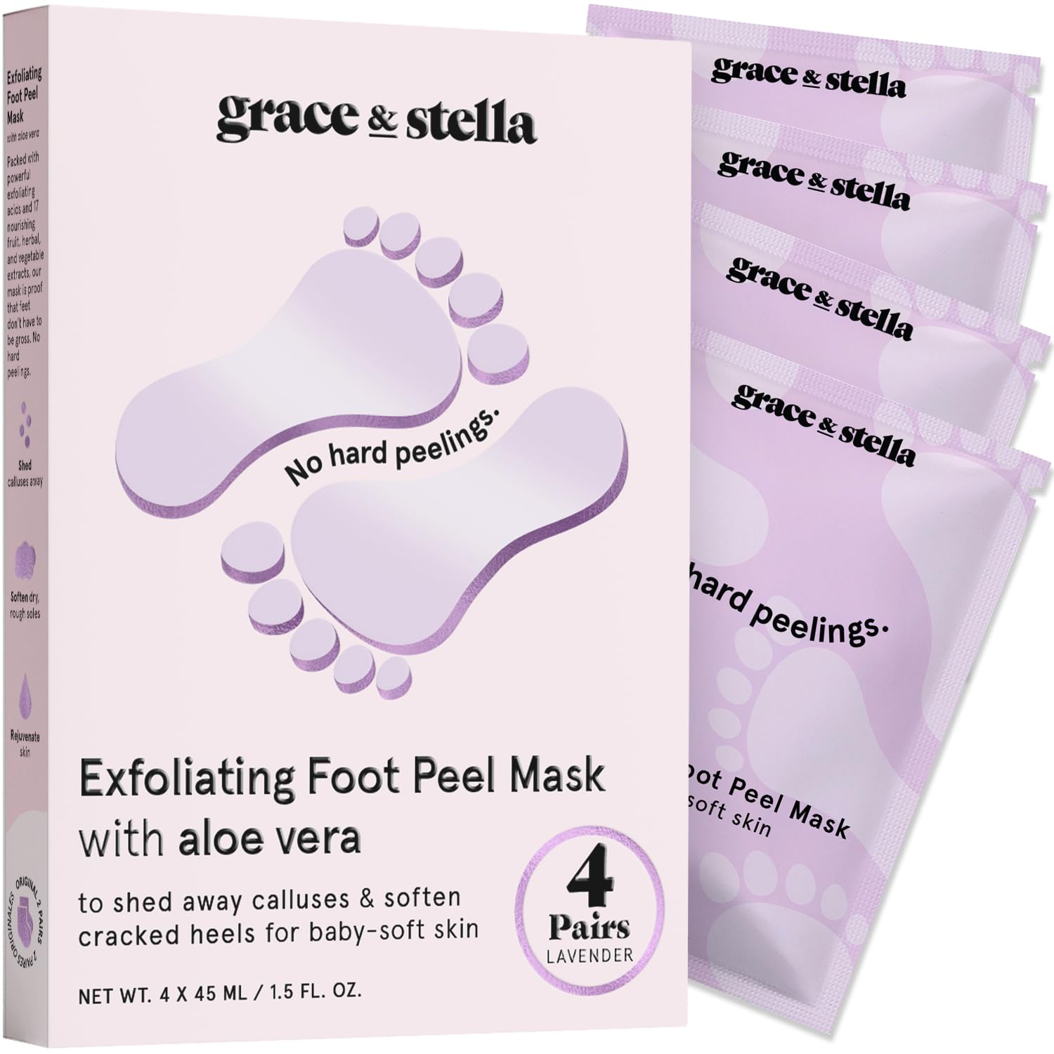 Grace & Stella foot peel mask lavender-packaging demonstrates convenient at-home care