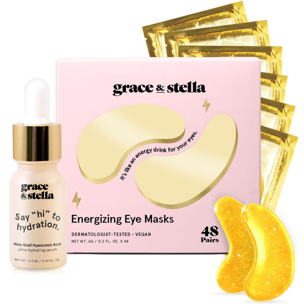Grace & Stella gold eye patches packaging closeup highlights premium, gift-ready skincare.