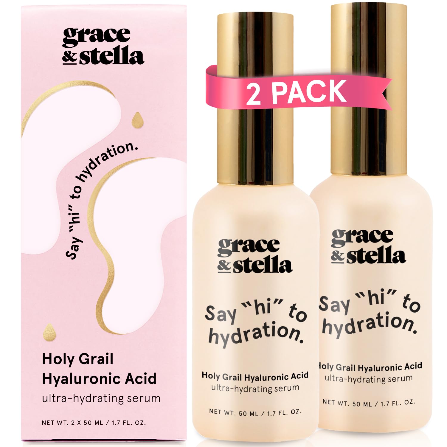 grace & stella hyaluronic acid serum bottle glow demonstrates hydrating plumping benefits for dewy skin