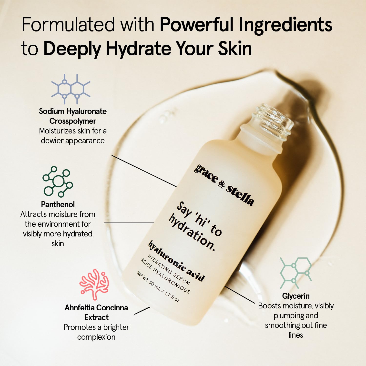 grace & stella hyaluronic acid serum droplet application promotes quick absorption and refreshing sensation