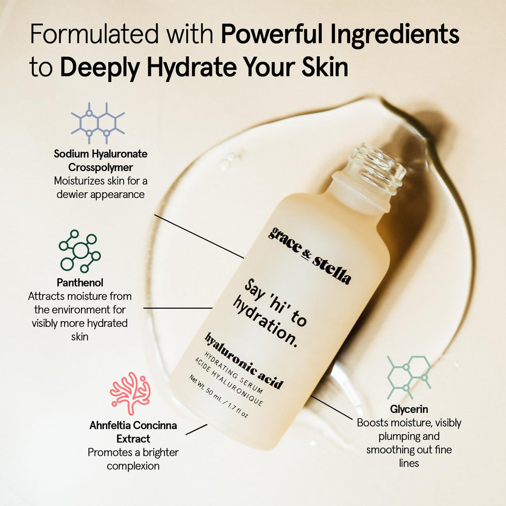 grace & stella hyaluronic acid serum droplet application promotes quick absorption and refreshing sensation