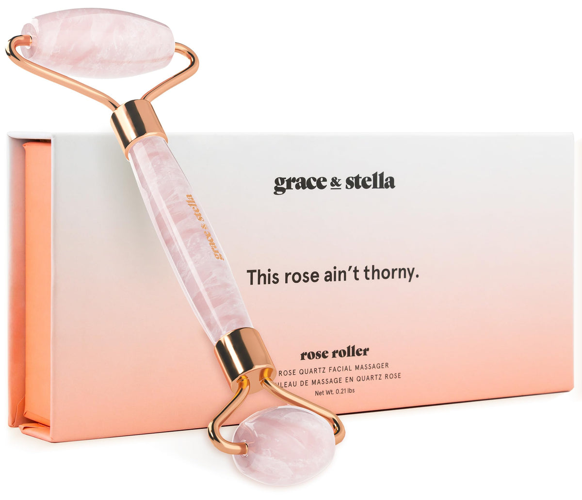 Grace & Stella Rose Quartz Roller closeup for soothing facial massage and lymphatic drainage.