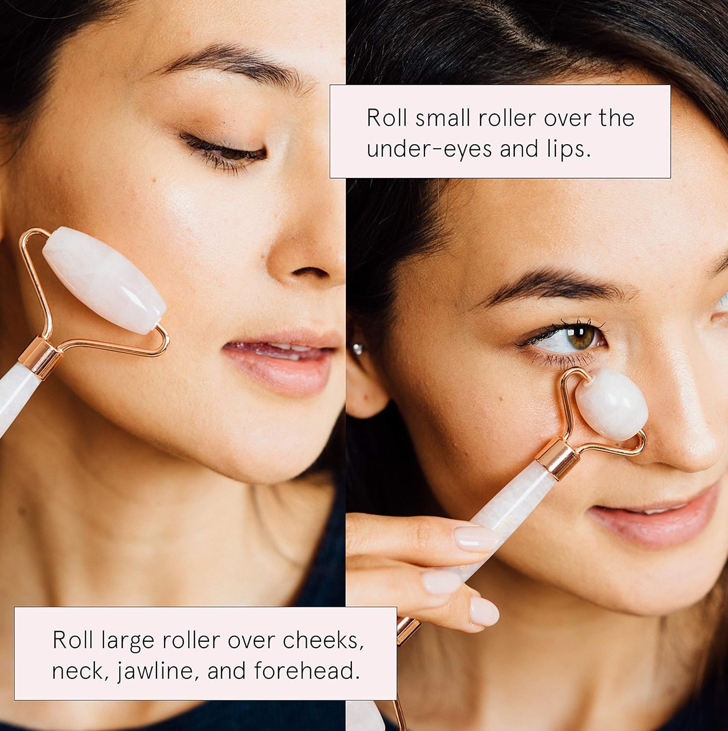 Grace & Stella Rose Quartz Roller double-sided in hand for versatile facial massage.