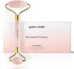 Grace & Stella Rose Quartz Roller on cheek for soothing glow and circulation.