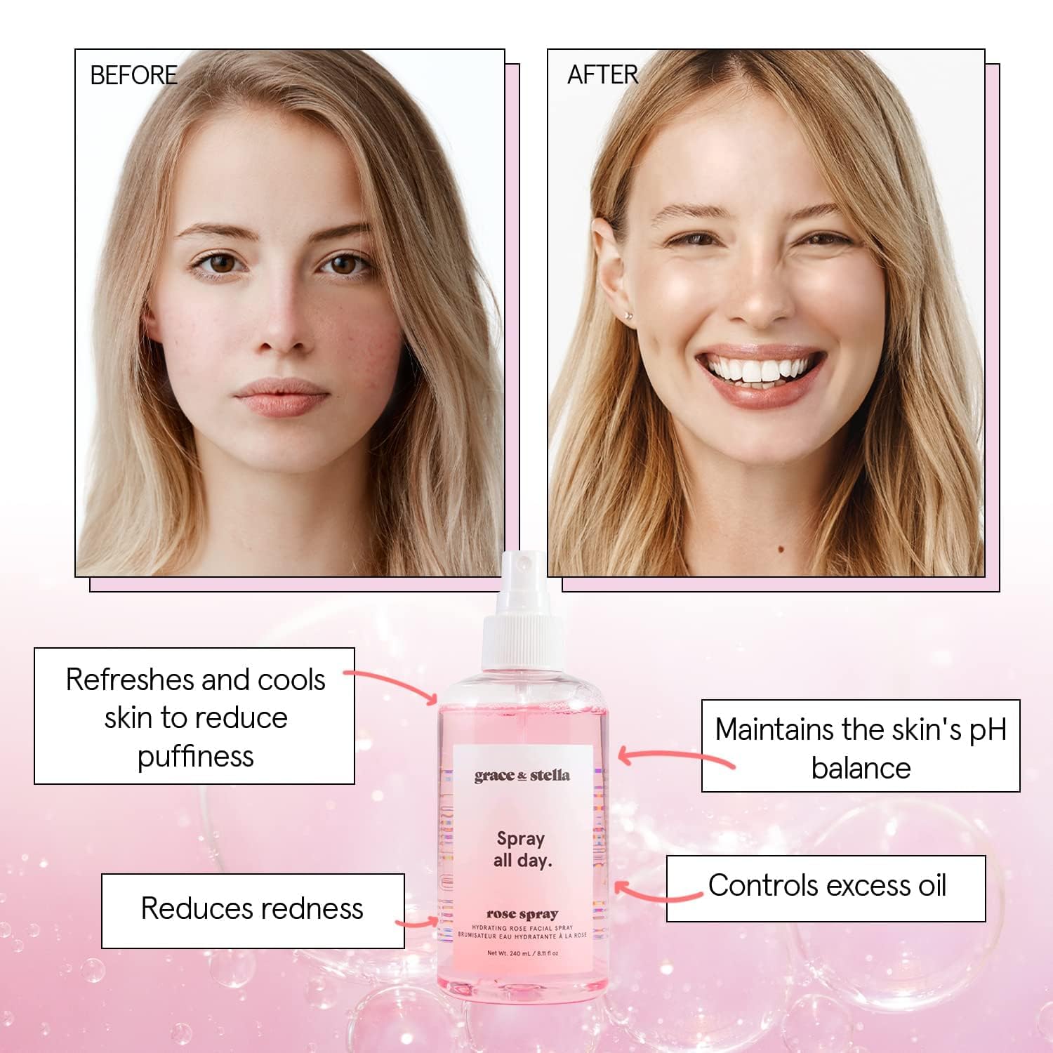Grace & Stella Rose Water Spray bottle closeup highlighting clean ingredients
