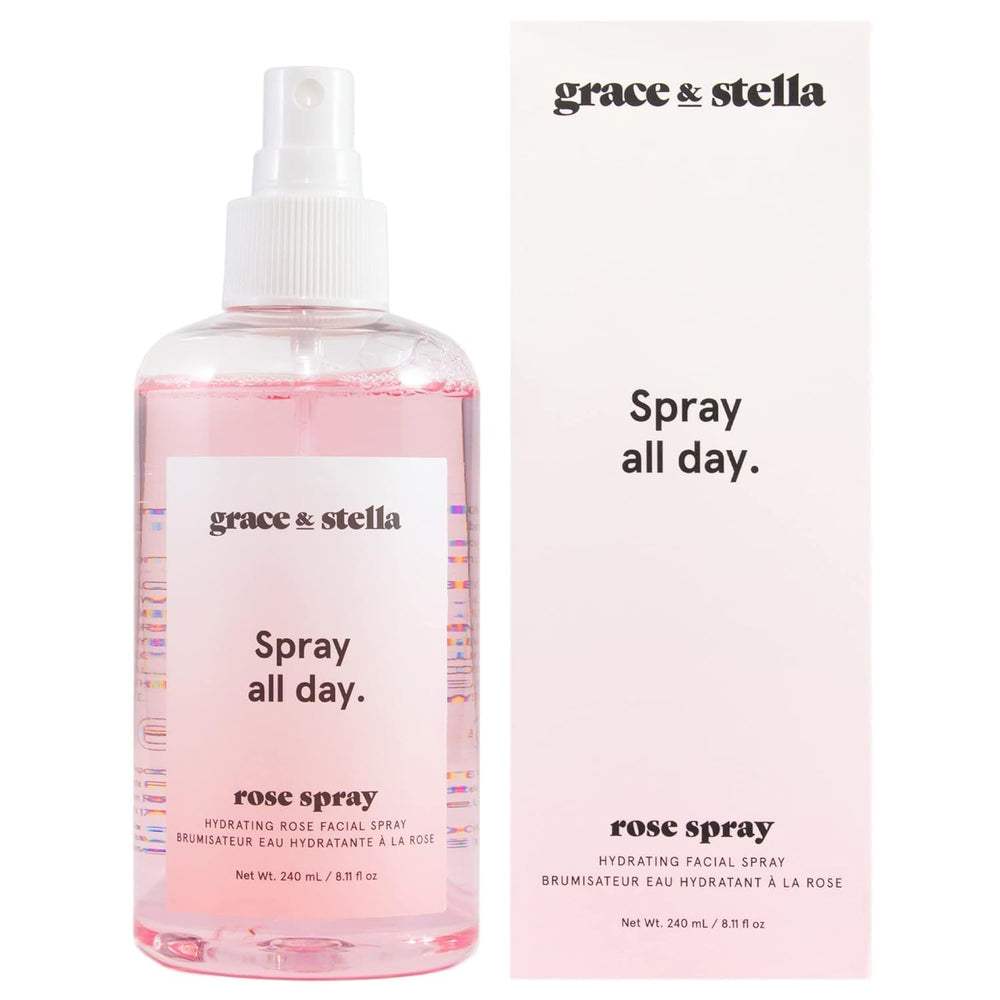Grace & Stella Rose Water Spray front bottle showing vegan formula for glow
