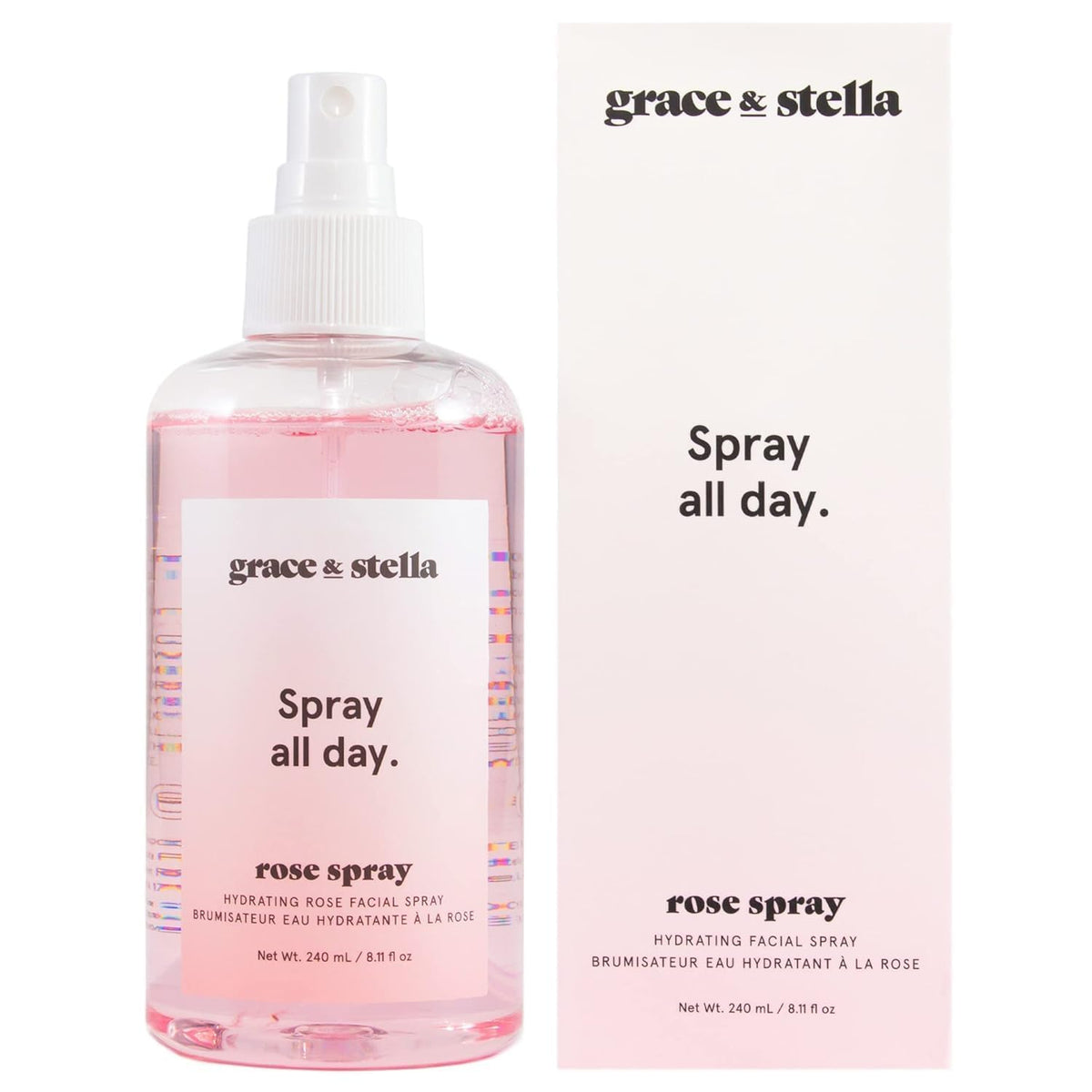 Grace & Stella Rose Water Spray front bottle showing vegan formula for glow