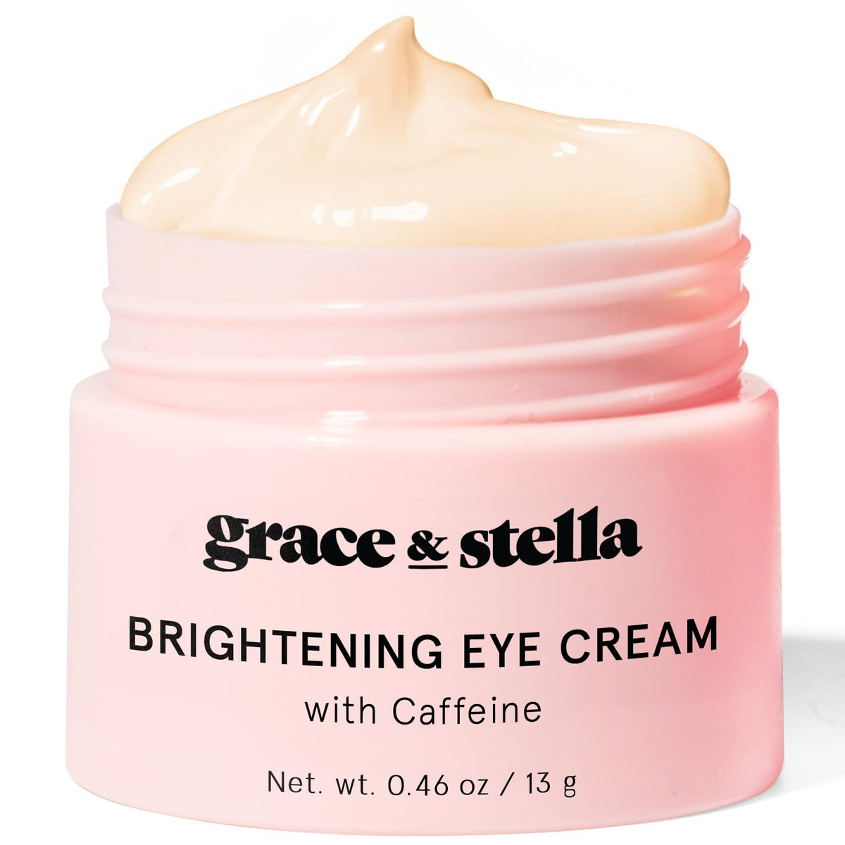 Grace & Stella under-eye cream jar closeup showing creamy texture for brighter eyes.