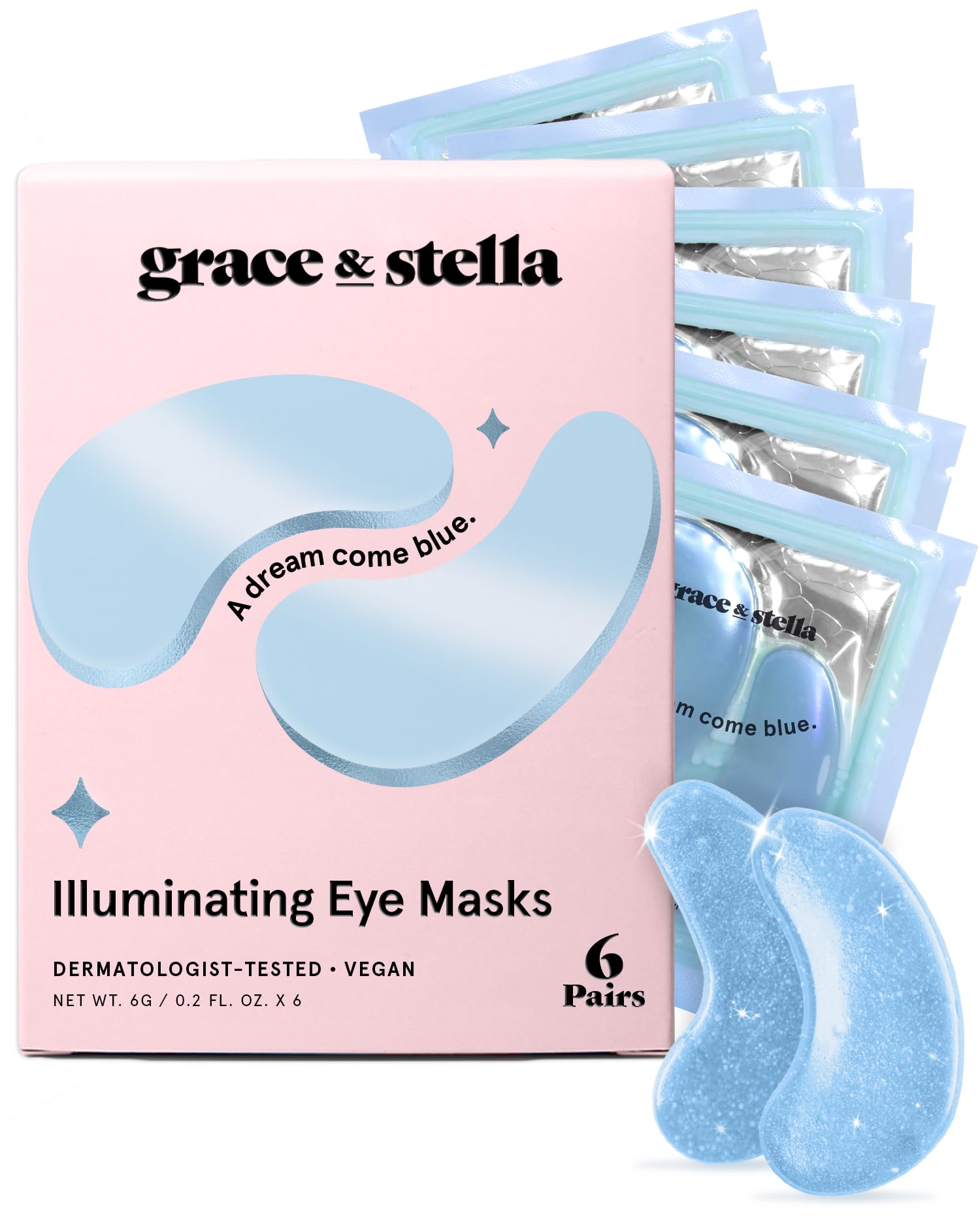 Grace & Stella under-eye mask blue packaging highlights depuffing and refreshing eye-care routine