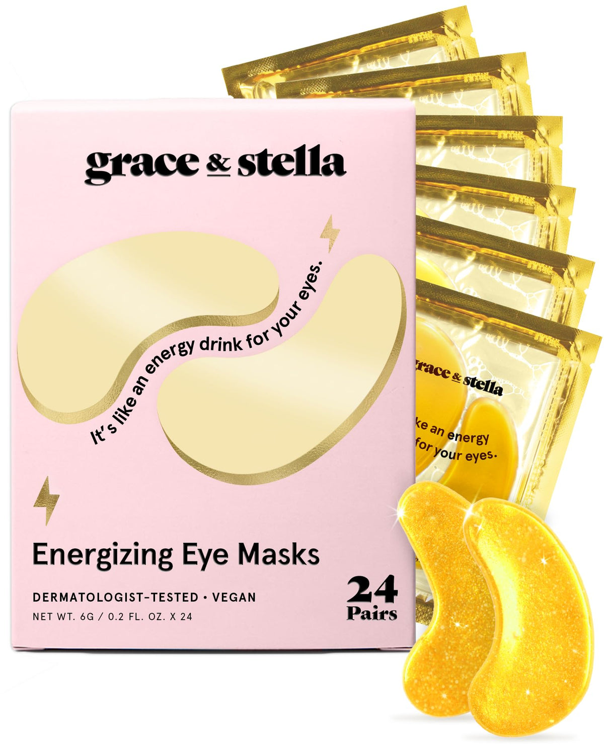 Grace & Stella under eye mask gold packaging for a luxe depuffing routine