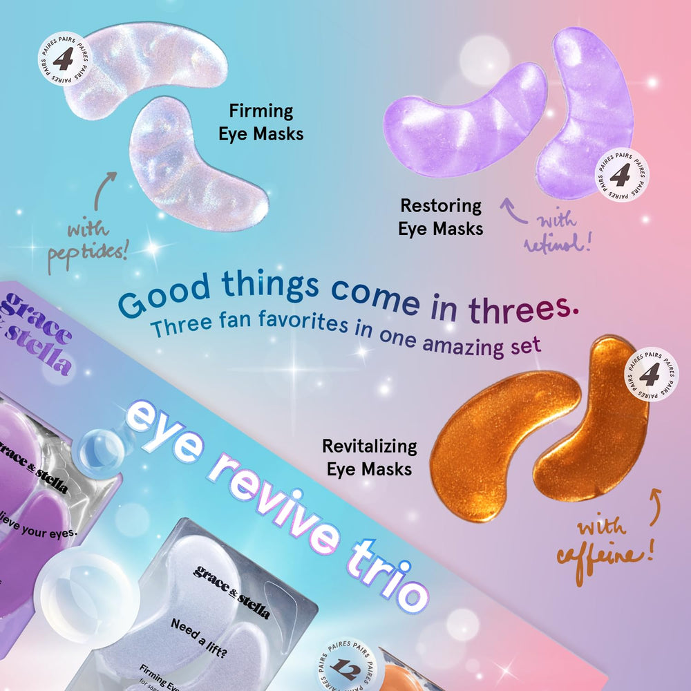 Grace & Stella under-eye patches gel texture closeup emphasizes hydration and refreshed look.