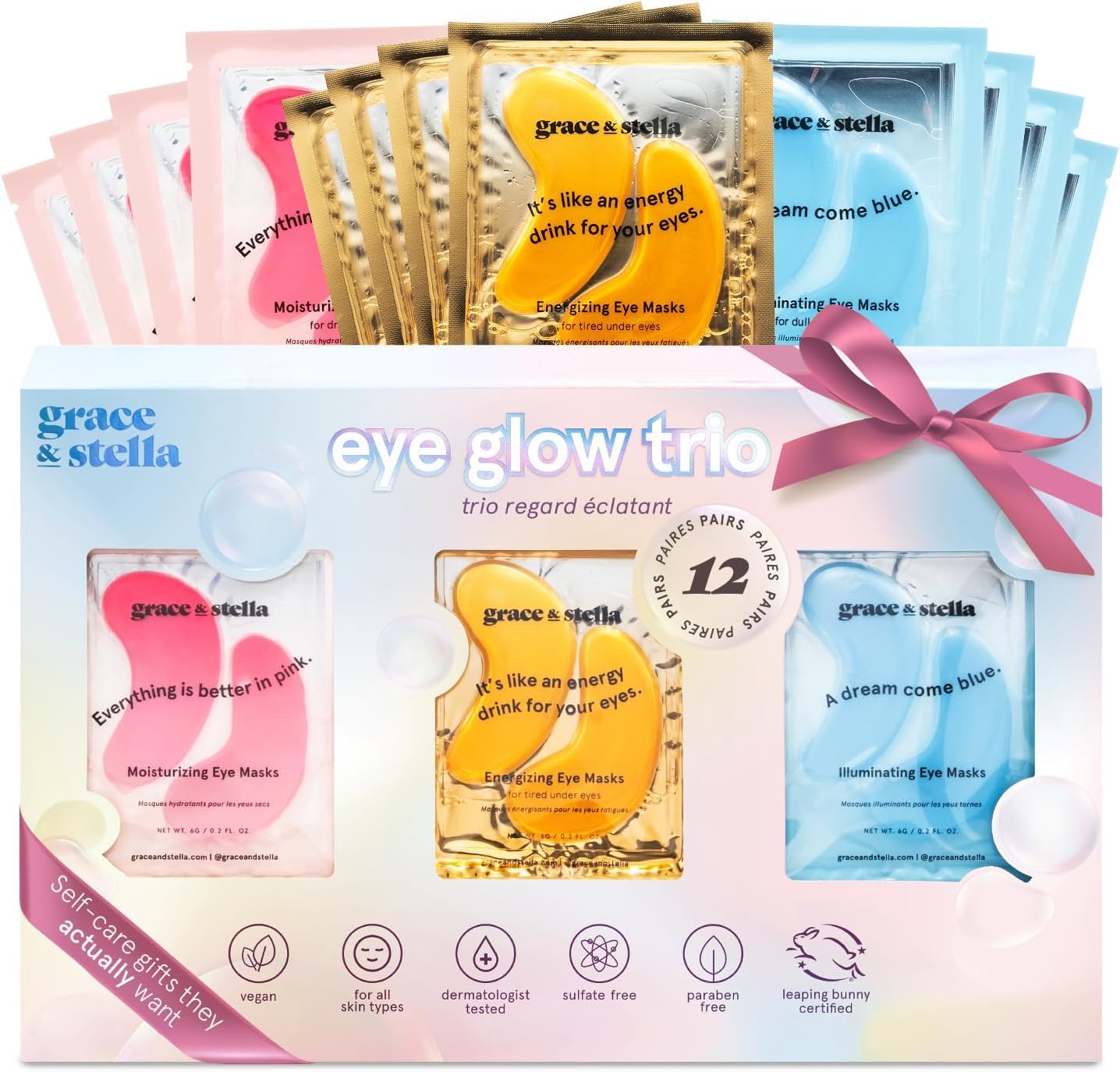 Grace & Stella under-eye patches packaging, gift-ready set for self care