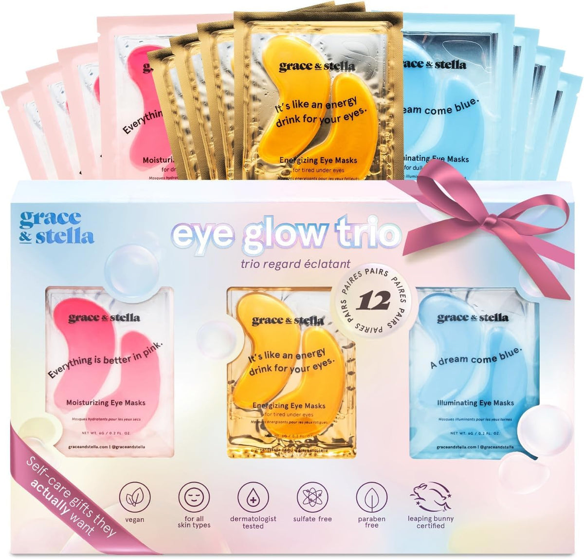 Grace & Stella under-eye patches packaging, gift-ready set for self care
