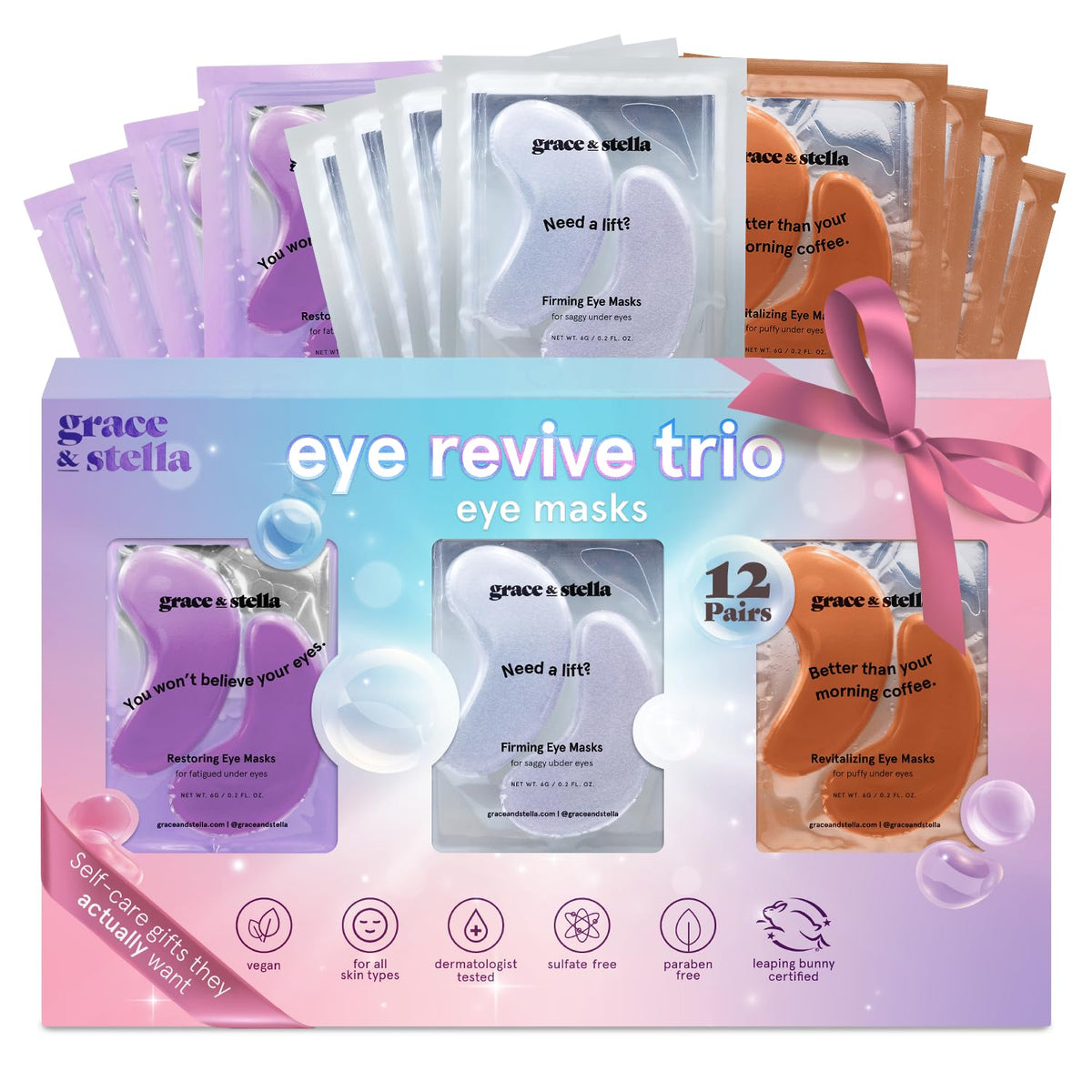 Grace & Stella under-eye patches packaging showcases gift-ready, self-care friendly presentation.