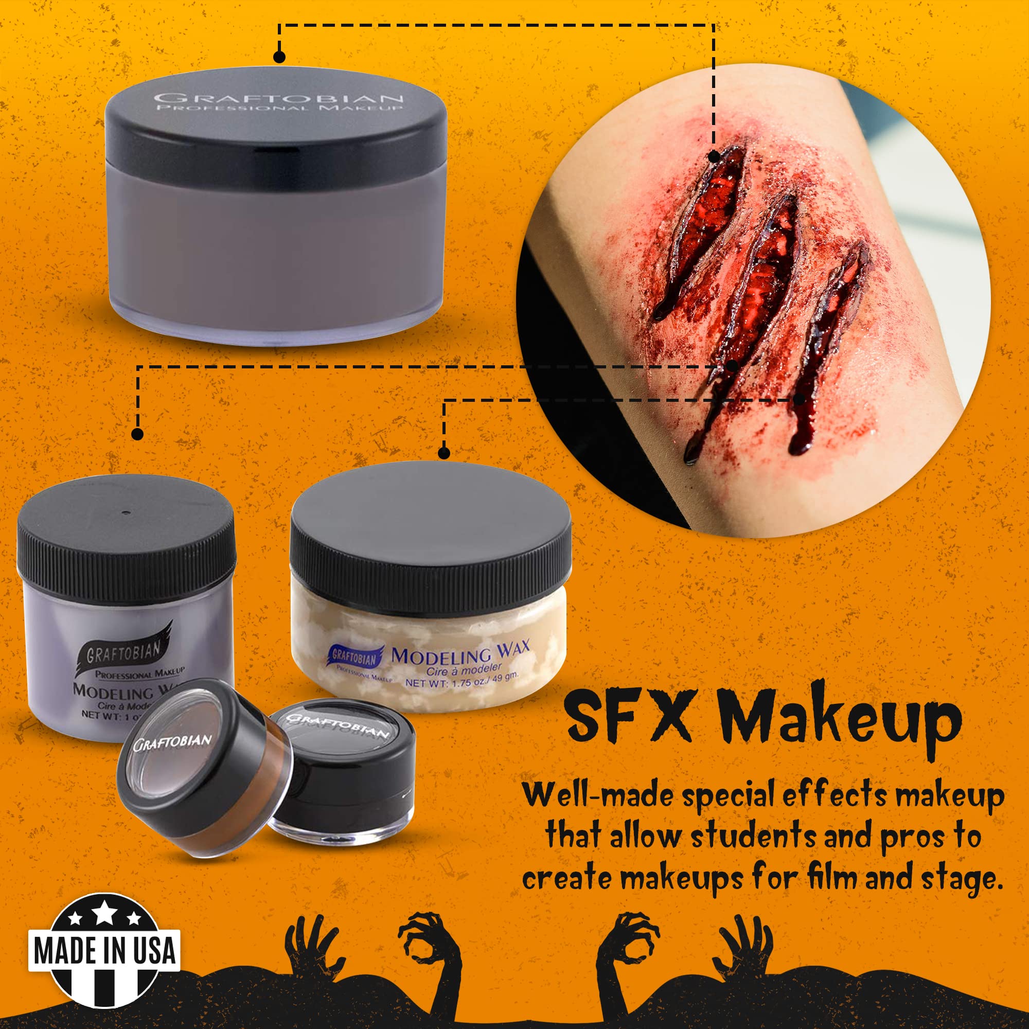 Graftobian Trauma Pro Kit contents show full-size products for lasting, studio-grade effects